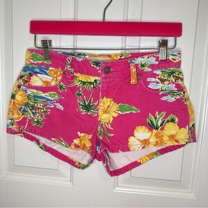 Denim & Supply Ralph Lauren Hot Pink Yellow Hibiscus Tiki Hunt Print Mini Short